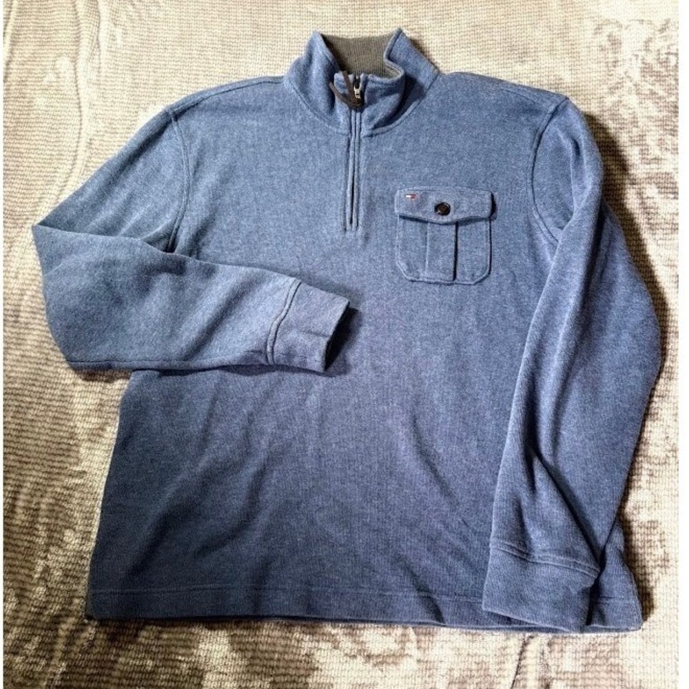 Tommy Hilfiger Mens Blue Quarter Zip Pullover Cotton Sweater Large Pocket